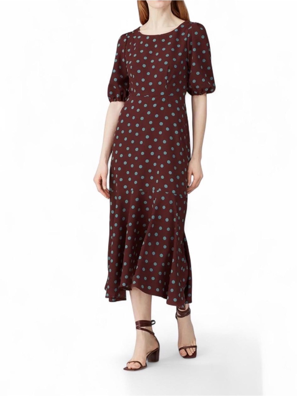 STAUD Brown Midi Dress with Blue Polka Dots